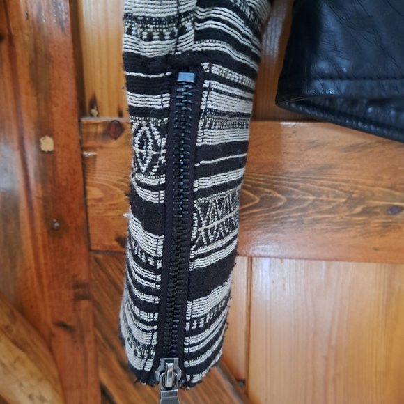 Faux Leather Moto Jacket with Knit Sleeves - Picture 5 of 14